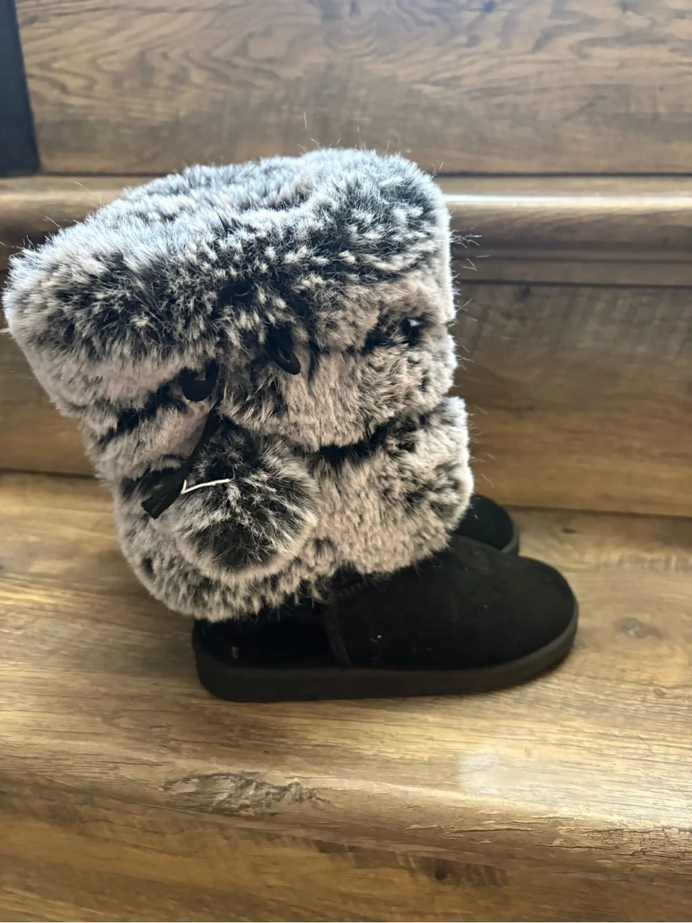 Girls' Black Boots with Gray Faux Fur Cuff and Pom-Poms